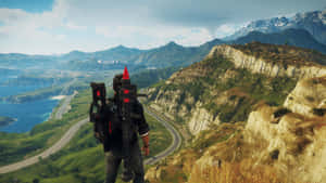 角色手持火箭發射器俯瞰海岸公路和山脈 — 電玩遊戲 GIF 壁紙