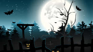 詭異的萬聖節夜晚，滿月、蝙蝠、墓地、傑克南瓜燈 — 午夜 壁紙