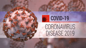 COVID-19病毒粒子的特寫，帶有紅色尖刺和文字疊加。 — 1920x1080 壁紙