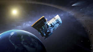 一個太空望遠鏡在地球軌道上運行，太陽在背景中明亮地照耀。 — NASA 動態圖片 壁紙