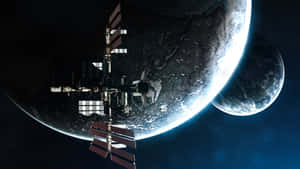 繞地球運行的太空站，背景有另一顆行星。 — 星際效應 壁紙