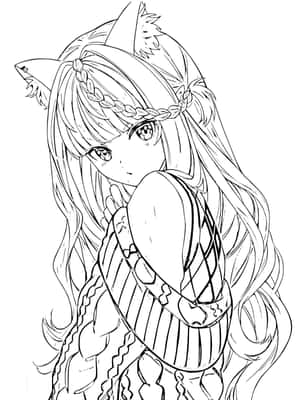 線條藝術風格的動漫女孩，擁有狐狸耳朵和辮子頭髮。 — 多色 壁紙