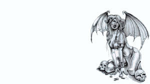 一個有翅膀和角的惡魔女性以黑白跪在頭骨旁邊。 — 高清骷髅 壁紙
