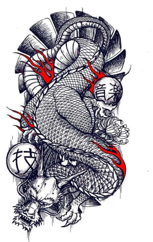 一個風格化的龍，帶有紅色火焰和球體上的日文字元，以黑色墨水插圖呈現。 — 日本武士 壁紙