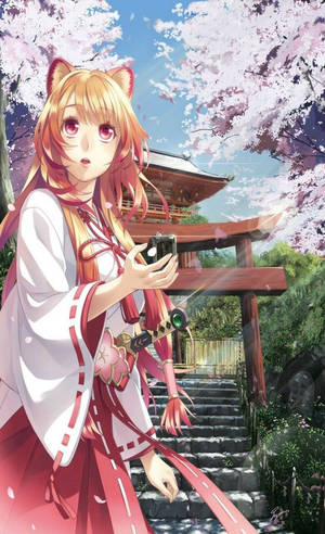 貓耳動漫女孩穿著和服，在櫻花下靠近神社手持相機。 — 拉芙塔莉雅 壁紙