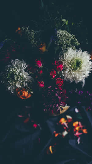 一個陰暗憂鬱的花藝佈置，包含白色、紅色和橙色的花朵。 — 玫瑰花 壁紙