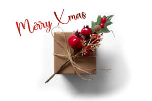 用棕色紙包裝的聖誕禮物，帶有冬青漿果和麻繩，文字為'Merry Xmas'。 — 節日 GIF 壁紙
