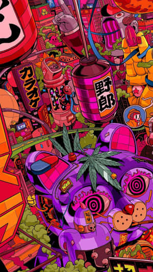一個混亂的動漫城市景觀，充滿霓虹燈招牌和超大型糖果狀物體。 — 垃圾美學 壁紙