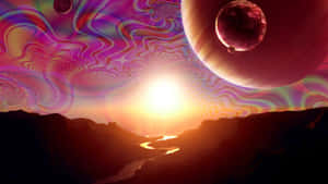 外星峽谷，在迷幻天空下有一條發光的河流和漂浮的行星，日落時分。 — 宇宙 壁紙