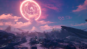科幻外星荒地，在發光的粉紅色月亮下，帶有鳳凰符號。 — 電玩遊戲 GIF 壁紙