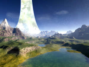 外星行星，發光月亮和綠色山谷在星空下 — 最後一戰：無限 4K 壁紙