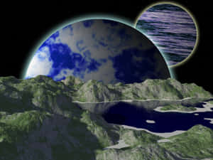 藍色行星和紫色環衛星下的外星山脈和湖泊。 — 火星 壁紙