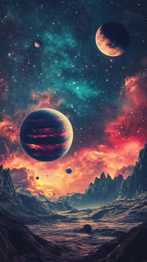 在色彩繽紛的宇宙天空下，有漂浮行星和發光星雲的外星山脈 — 太空 壁紙