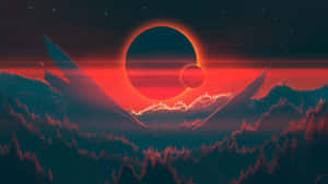 在紅色日食下，發光的地平線和星空中的外星山脈。 — 森林 壁紙