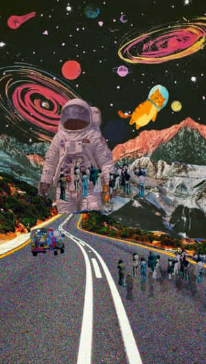 在宇宙高速公路上，巨大的太空人和漂浮的貓咪，背景是旋轉的星系和積雪山脈。 — 夢幻 GIF 壁紙