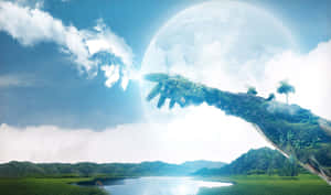 一隻巨手從行星中伸出，在湖泊和山丘上托著一朵雲。 — 印象派 壁紙