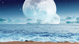 兩個巨大的月亮在夜晚平靜的海洋上升起，上方有星星。 — 海景 壁紙