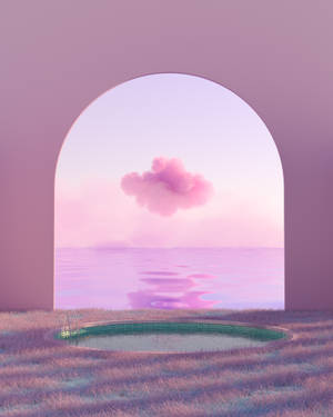 粉紅色拱門俯瞰海洋，前景有雲朵倒影和小水池。 — 美學雲朵 壁紙