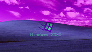 洋紅色天空下的紫色起伏山丘，帶有像素化的Windows標誌和文字。 — Windows 95 動態圖 壁紙