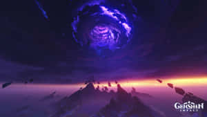 暮色中崎嶇山脈上空的紫色宇宙漩渦，漂浮著岩石。 — 電玩遊戲 GIF 壁紙