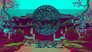 一個超現實的花園，有美杜莎標誌和櫻花，背景是青色天空。 — 日式審美桌面 壁紙