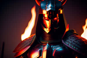 身穿暗色盔甲、擁有發光紅眼的武士被火焰包圍。 — Surface Pro 壁紙