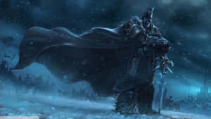 暗色盔甲戰士，雙眼發光，在夜間雪地戰場上手持劍。 — 魔獸世界 壁紙