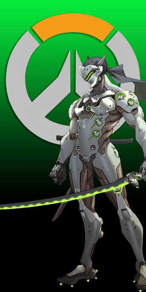 身穿白色盔甲的Overwatch角色，手持發光綠色劍。 — 日式美學 iPhone 壁紙