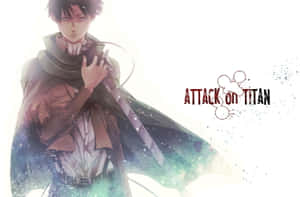 動漫角色身穿棕色外套，在宇宙背景前手持劍，並帶有Attack on Titan標誌。 — 進擊的巨人 角色 壁紙