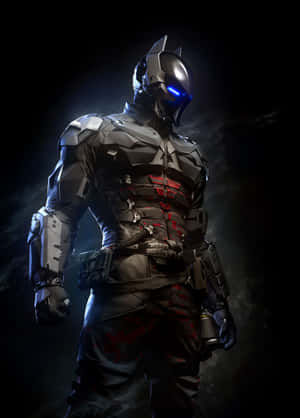 蝙蝠俠身穿未來盔甲，眼睛發光，帶紅色點綴，背景為暗色煙霧。 — OnePlus Pad 2 Pro 壁紙