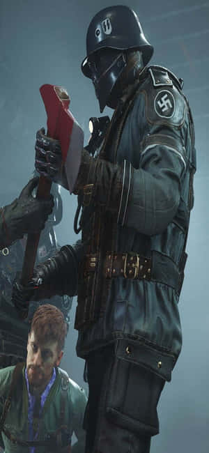 持斧士兵威脅身穿深色軍服的蜷縮男子 — 電玩遊戲 GIF 壁紙