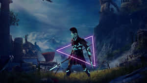 未來戰士帶著發光盔甲和能量三角形在黃夢幻風景中。 — 電玩遊戲 GIF 壁紙