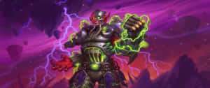 身穿發光盔甲的惡魔軍閥在暴風雨的紫色天空中揮舞閃電。 — 3440x1440 壁紙
