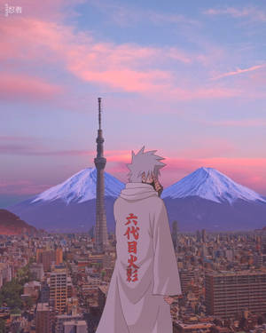 身穿白色斗篷的動漫角色俯瞰東京，富士山和晴空塔在夕陽下。 — 火影忍者 卡卡西 壁紙