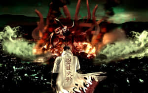 忍者對峙巨大火焰惡魔，背景是夜晚發光的城市。 — 湊 壁紙