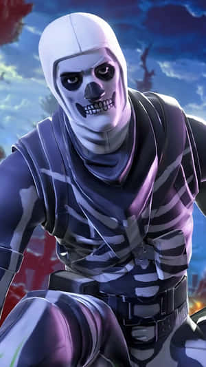 在暴風雨的天空下，身穿戰鬥裝備的骷髏Fortnite角色。 — 黃昏 壁紙