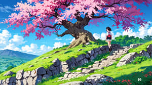 在陽光明媚的春天景色中，一個女孩在巨大的櫻花樹下走上石階。 — 日本 壁紙
