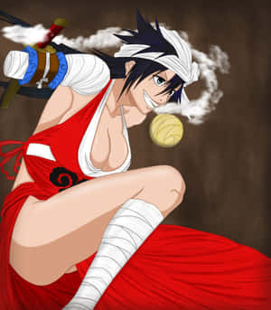 身穿紅色服裝的動漫戰士，手持劍和煙霧效果。 — 鹿丸 壁紙