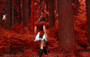 一個身穿紅白服裝的女人走在紅色調的森林中。 — 森林 壁紙