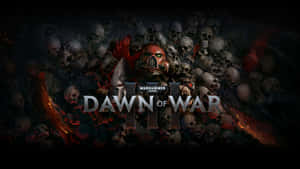 Warhammer Dawn of War 遊戲藝術中，身穿紅色盔甲的戰士被骷髏和火焰包圍。 — 電玩遊戲 GIF 壁紙