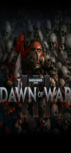 Warhammer Dawn of War 遊戲封面，裝甲戰士被骷髏包圍。 — iPhone 16 Pro Max 壁紙