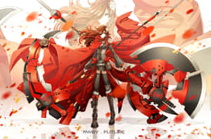 身穿紅色斗篷的動漫戰士揮舞機械武器，血跡斑斑。 — 紅寶石玫瑰 壁紙