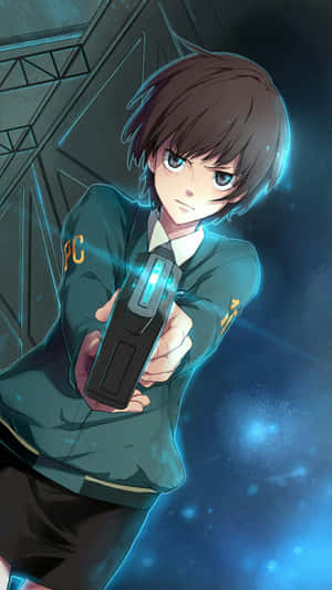身穿綠色制服的動漫男孩在太空中手持發光的未來裝置 — 曉 鼬 壁紙