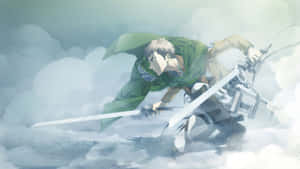 身穿綠色斗篷的動漫士兵拔劍穿過雲層。 — 進擊的巨人 角色 壁紙