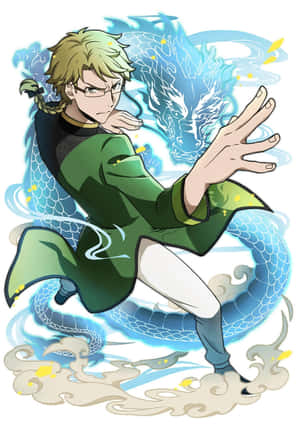 動畫角色召喚一條帶有發光能量和金色火花的藍色龍。 — 動漫狗 壁紙