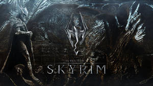 一個身穿華麗盔甲的黑暗奇幻戰士，站在發光的Skyrim標誌前，周圍是古老廢墟和陰影龍。 — 上古卷軸V：無界天際 壁紙