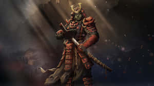 身穿紅色盔甲、在戲劇性燈光下持劍的惡魔武士。 — 日本武士 壁紙