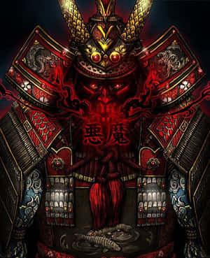一個身穿紅金盔甲、眼睛發光、帶有旋轉黑暗能量的惡魔武士。 — Apple Watch Ultra 壁紙
