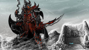 身穿紅黑盔甲的惡魔戰士在雪山中手持劍和法杖。 — 上古卷軸 壁紙