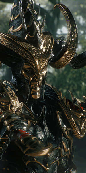 身穿黑金盔甲、帶角和複雜設計的惡魔戰士特寫。 — 電玩遊戲 GIF 壁紙